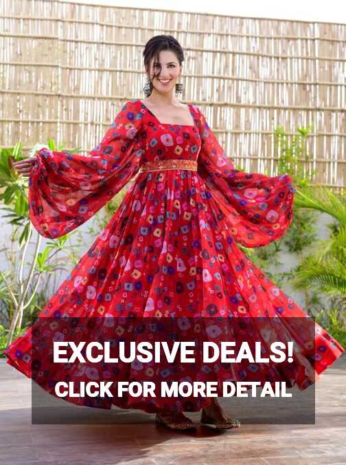 Red Color Trendy Georgette Floral Print Women&#39;s Gown - C