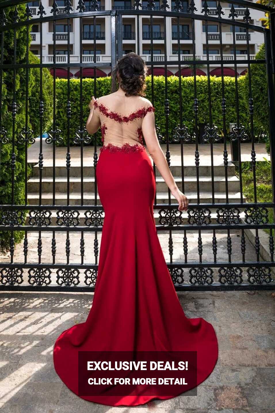 Red Couture Dress V Neck, Illusion Back Dress, Sexy Elegant Red ...