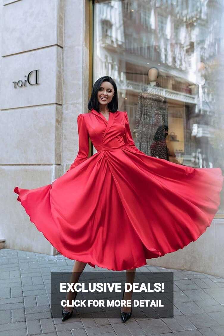 Red Dress With Full Circle Skirt, Wrap Silk Dress, Flowy Dress ...