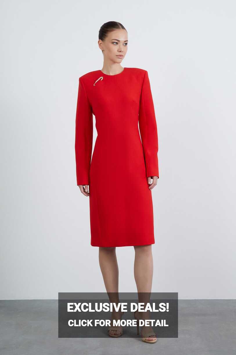 Red Dress with Midi-Length Long Sleeves and Pocket Details - Gizia