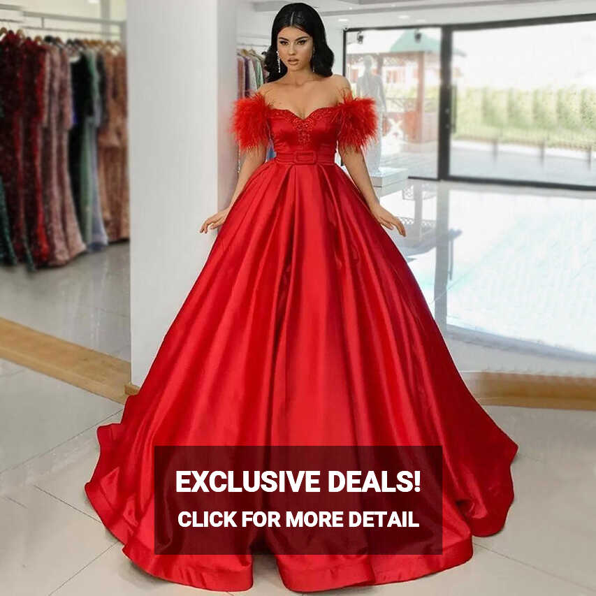 Red Elegant Formal Off-shoulder Feather Top A-line Long Prom Dress ...