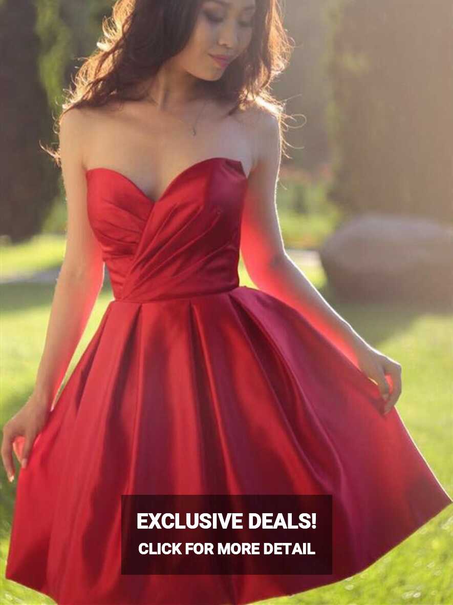 Red Elegant Simple Sweetheart Neck Short Satin Pron Dresses, Red ...