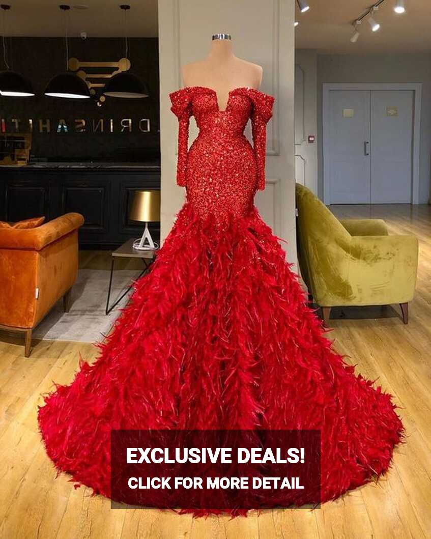 Red Evening Dress, 2023 Evening Dress, Feather Evening Dresses ...