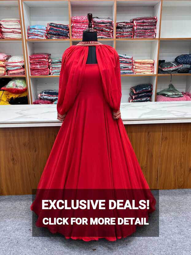 Red Faux Georgette Fancy Sleeves Gown - Clothsvilla