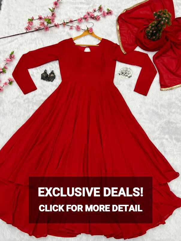 Red Faux Georgette Plain Gown With Dupatta - Clothsvilla