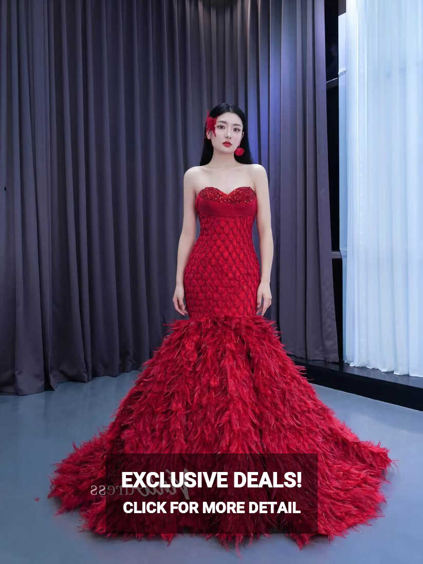 Red Feather Mermaid Wedding Dresses Strapless Pageant Dress 222198 ...