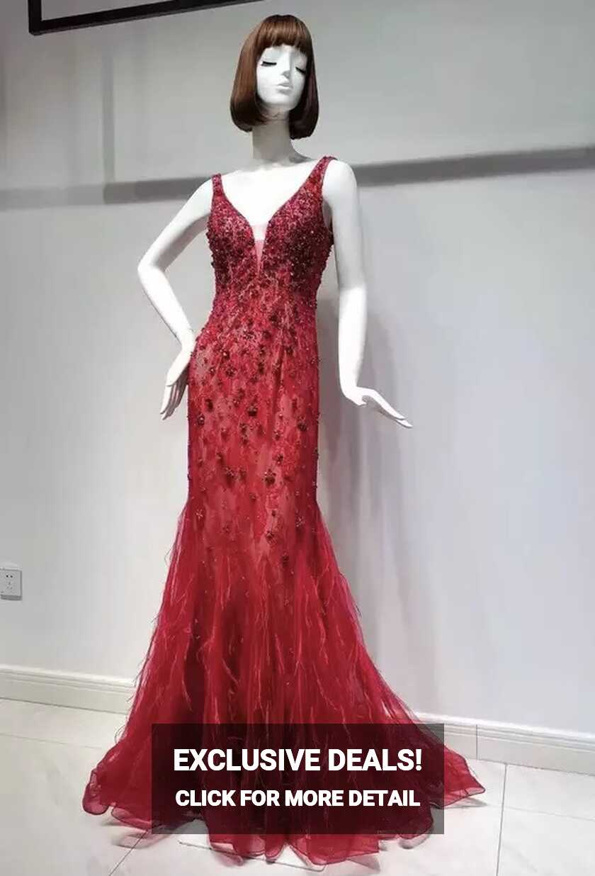 Red Feathered Gatsby Sequin Embellished Evening Gown ...