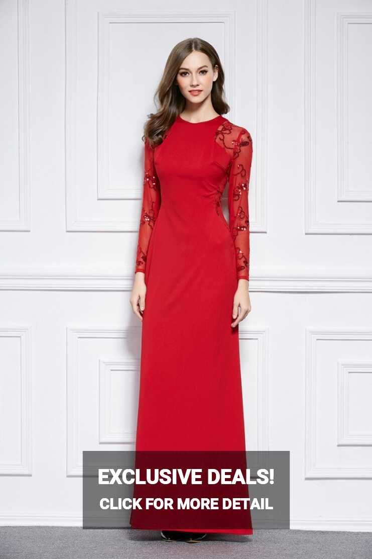 Red Floor Length Long Sleeve Evening Dress Prom Gown ...