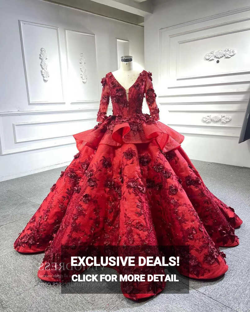 Red Floral Princess Dress Wedding Ball Gown 66878 Long Sleeve ...