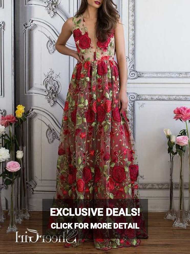 Red Floral Prom Dresses Embroidery See Through Elegant Formal ...