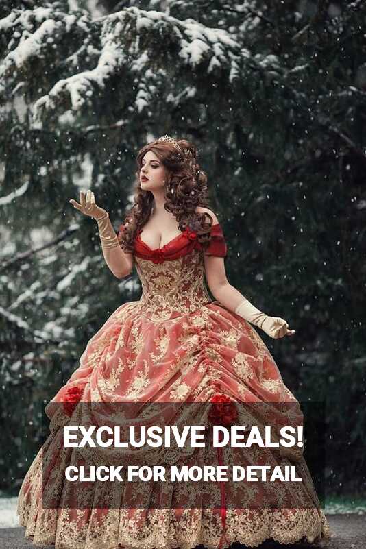 Red/Gold Upscale Fantasy Belle Gown with Flowers