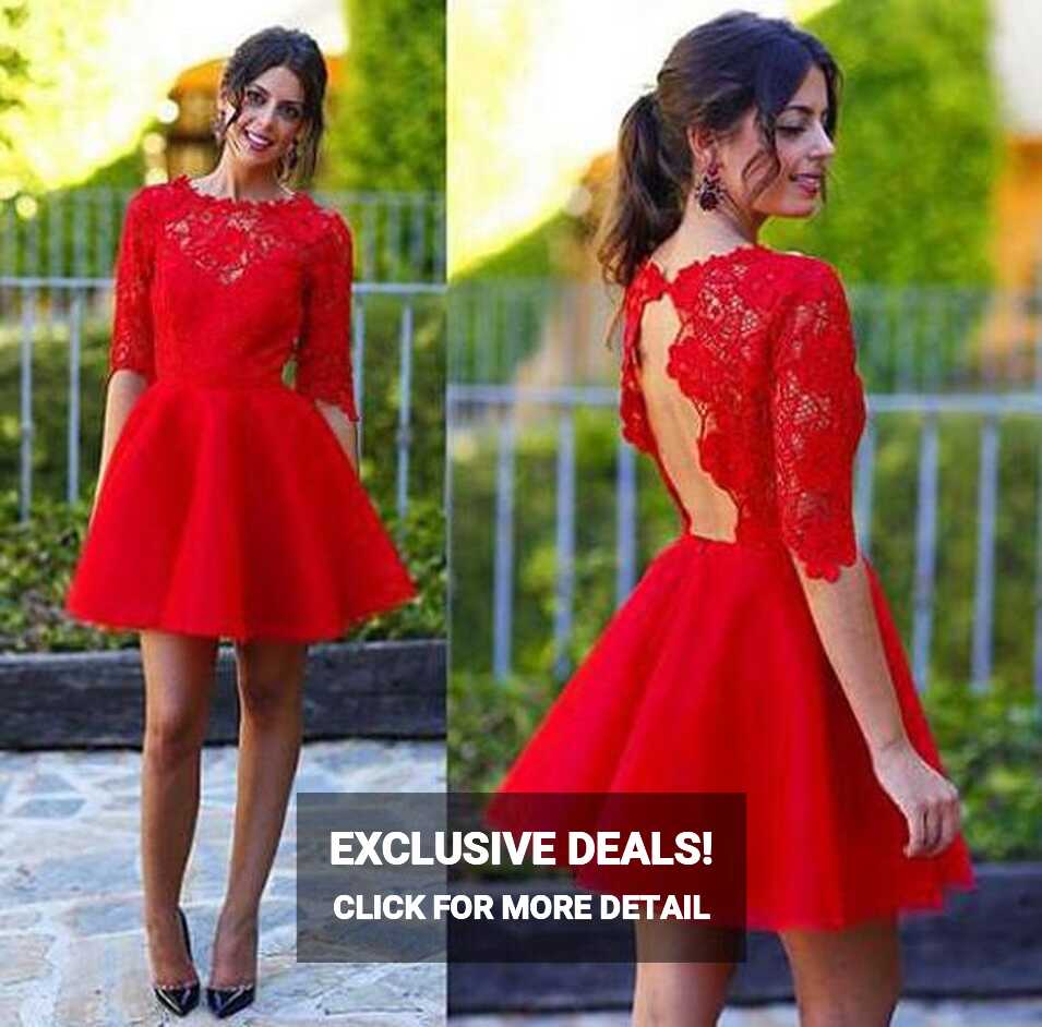 Red Half Sleeves A-line Homecoming Dress Backless Lace Short Prom ...