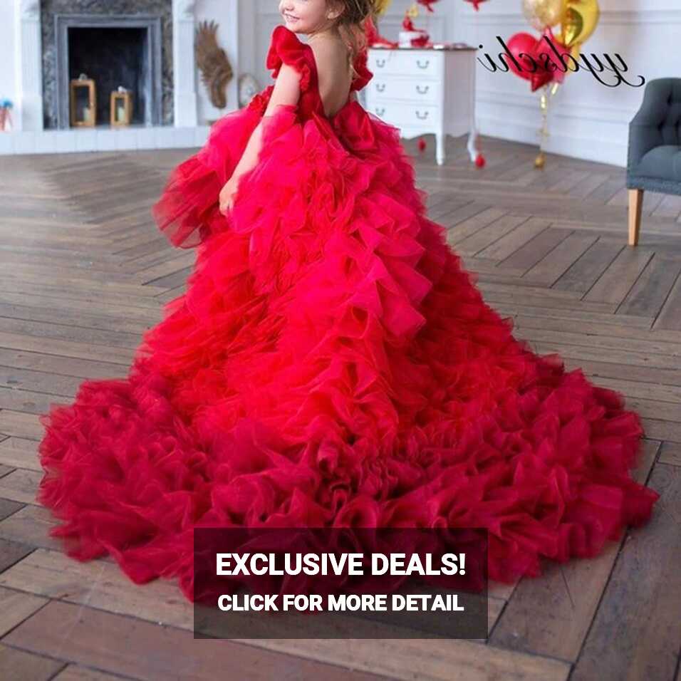 Red High/Low Fluffy Flower Girl Dress Kids Princess Lace Tea ...