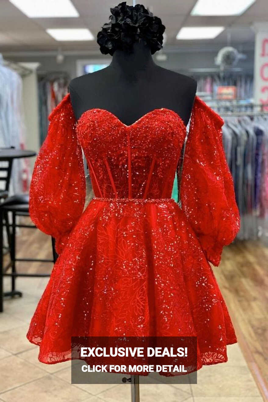 Red Homecoming Dress 2023 Off the Shoulder Sequin with Long ...