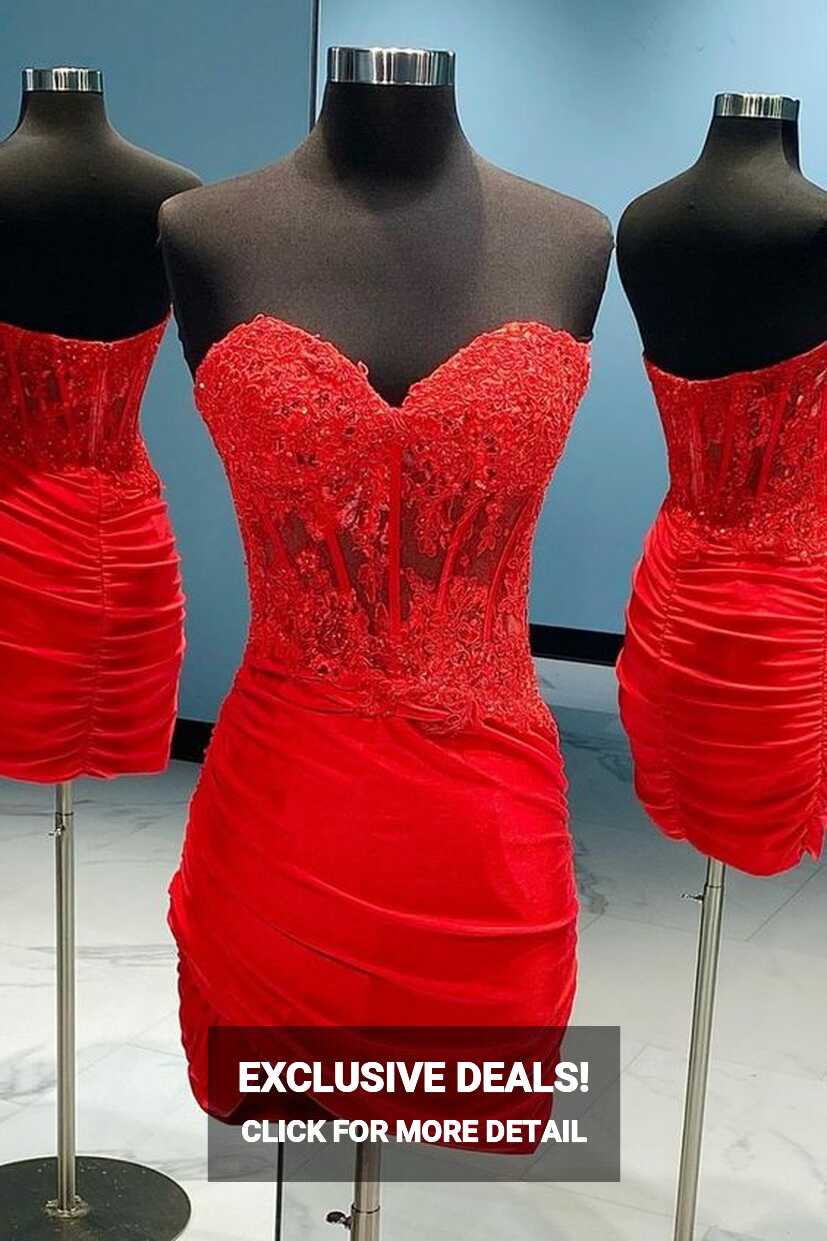 Red Homecoming Dress 2023 Short Tight Strapless Appliques Ruched ...