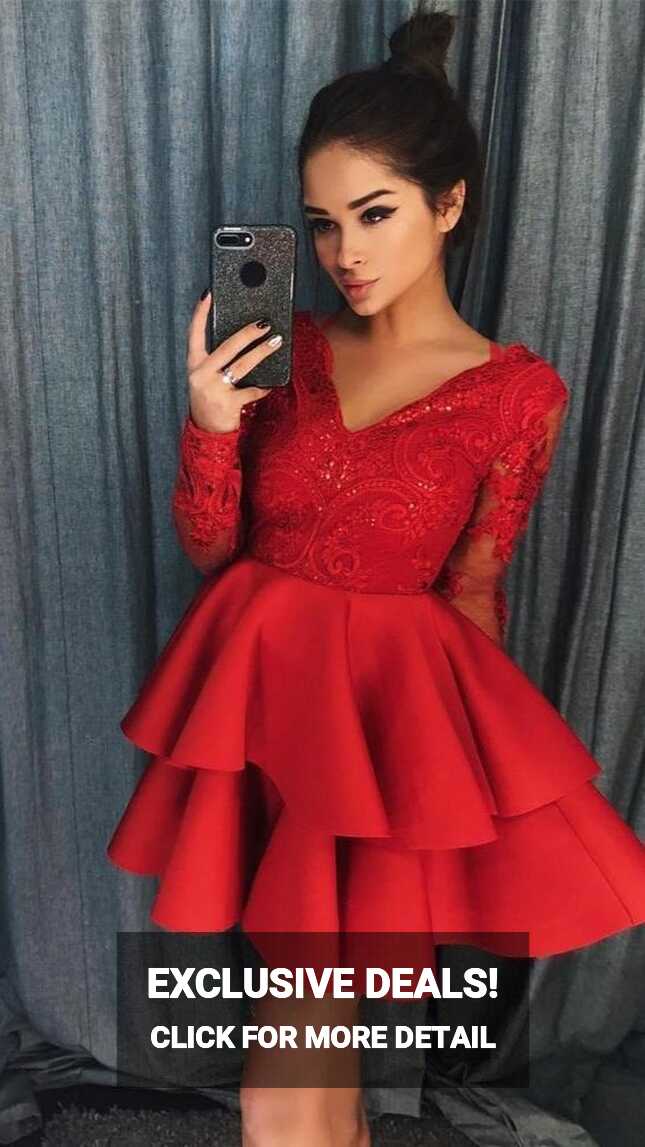 Red Homecoming Dress Long Sleeves, Short Prom Dress, Graduation ...