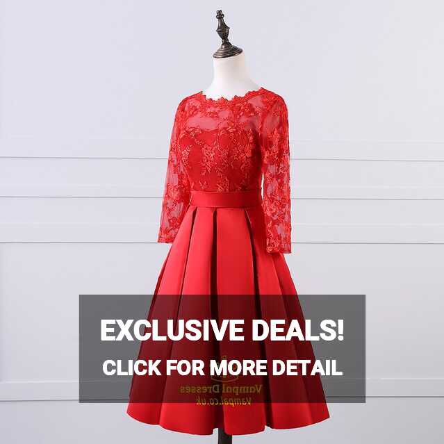 Red Illusion Lace Bodice Long Sleeve Knee Length Homecoming Dress