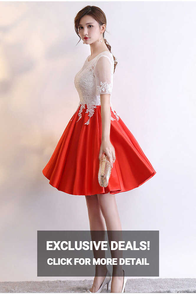 Red Knee Length Satin Homecoming Dress with Short Sleeves, Short ...