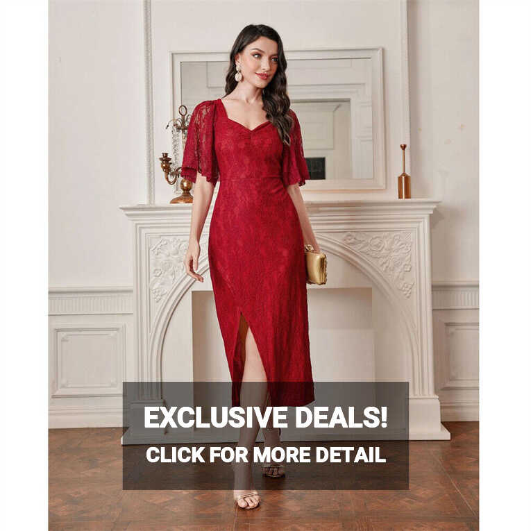 Red Lace Abaya Party Dress Women Short Sleeve Formal Prom Gown ...