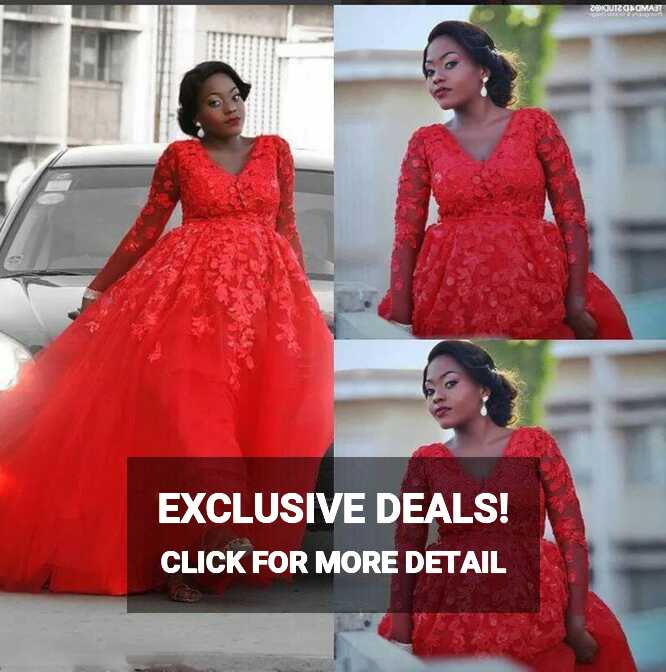 Red Lace Applique Plus Size Wedding Outfits With Long Sleeves And ...