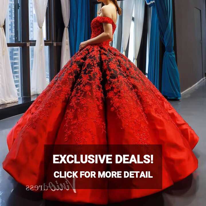 Red Lace Ball Gown Prom Dresses Off the Shoulder Quinceanera Dress ...