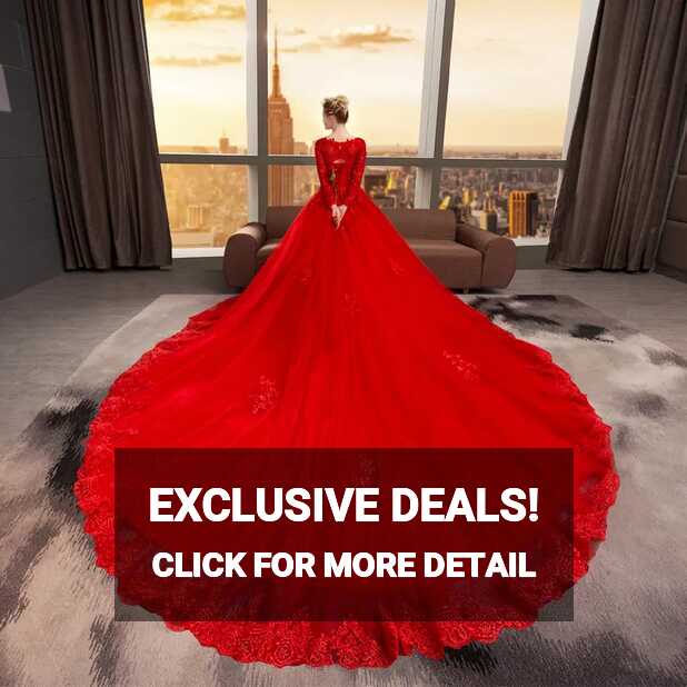 Red Lace Cathedral Train Red Wedding Dress 2022 With V Neck, Long ...