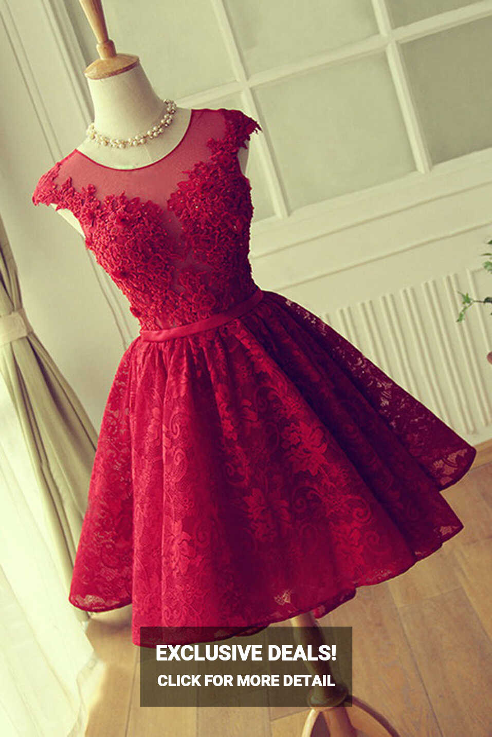 Red Lace Cheap A-line Scoop Homecoming Dresses Short Prom Dresses ...