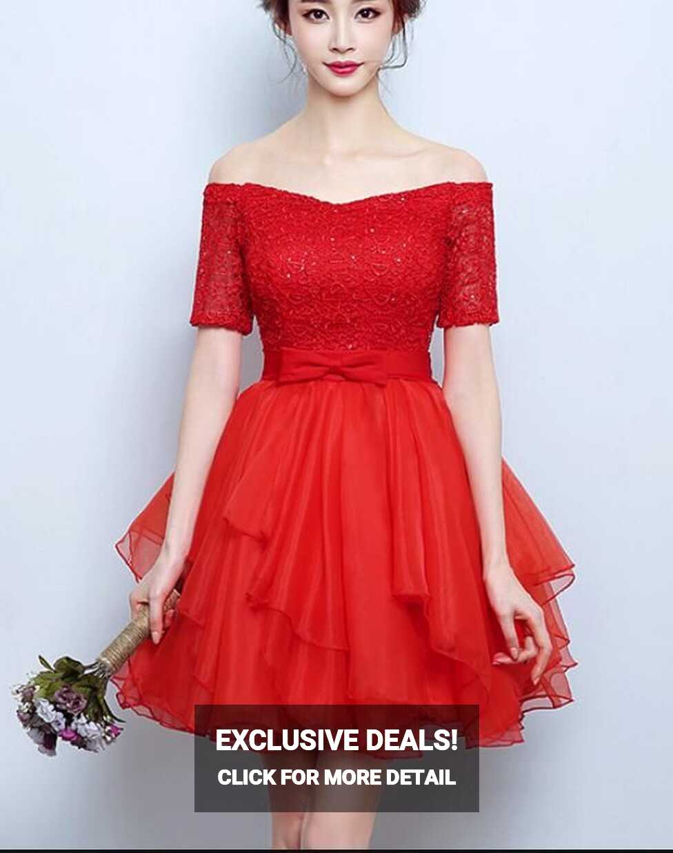 Red Lace Cute Short Party Dress, Red Homecoming Dress, Red Party ...