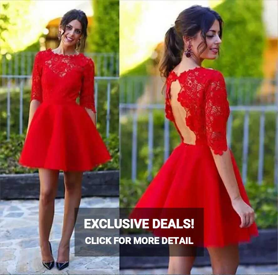 Red Lace Keyhole Short Red Party Dress With Open Back And Illusion ...