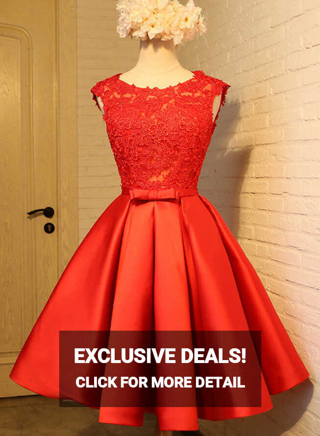 Red Lace Knee Length Party Dress , Cute V Back Formal Dress, Teen ...