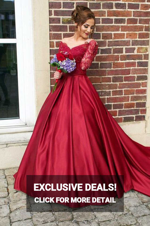 Red Lace Long Sleeves Satin Ball Gowns Prom Dress,Princess Dress ...