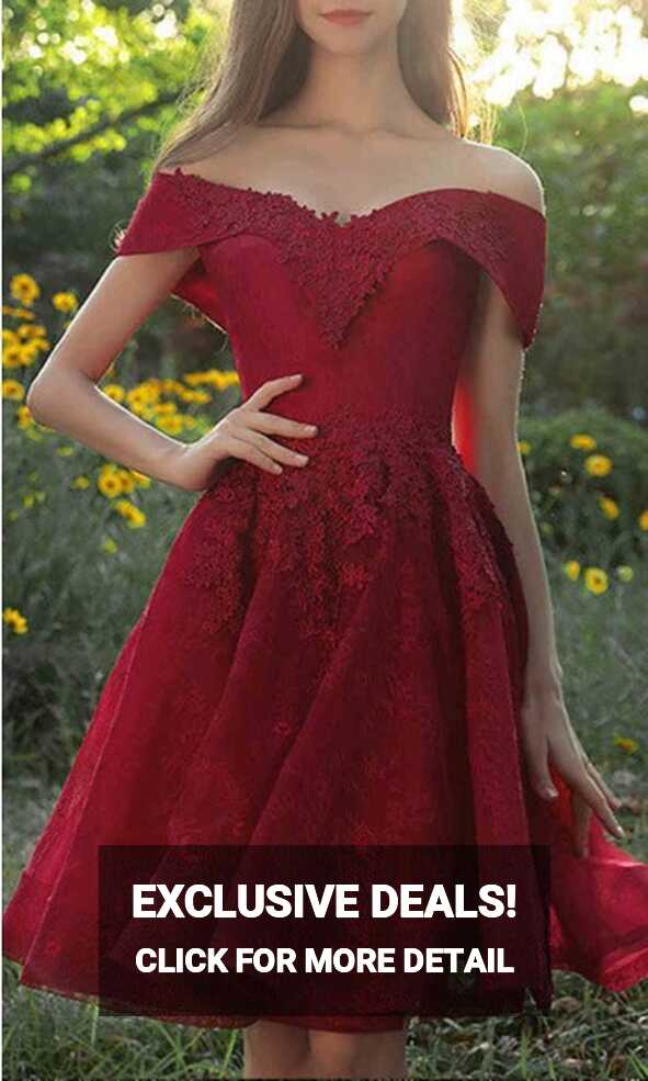 Red Lace Off Shoulder Short Prom Dresses Lace Up Back KSP574