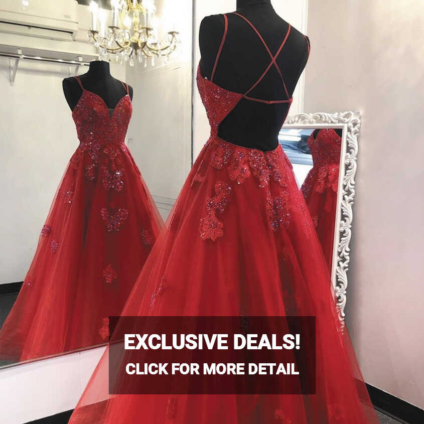 Red Lace Prom Dress, Lace Applique Prom Dresses, Spagehtti Strap ...