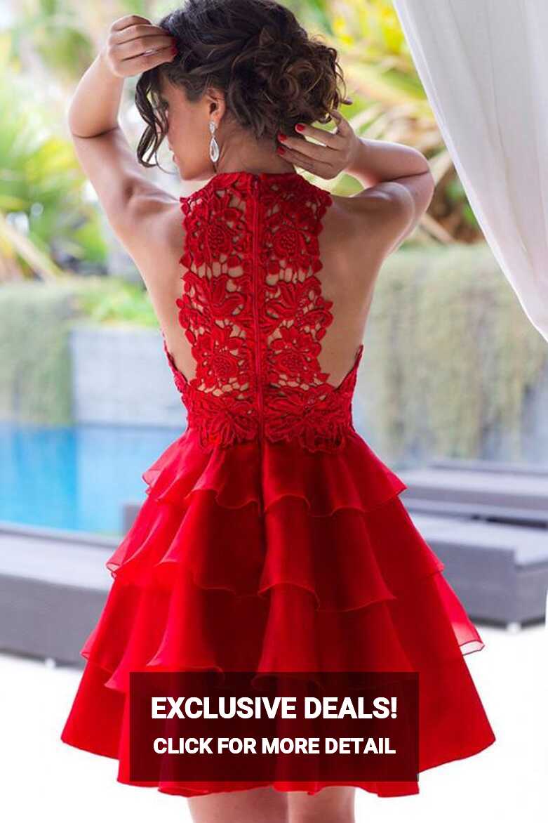 Red Lace Scoop Neck A-line Chiffon Tiered Homecoming Dress, Short ...