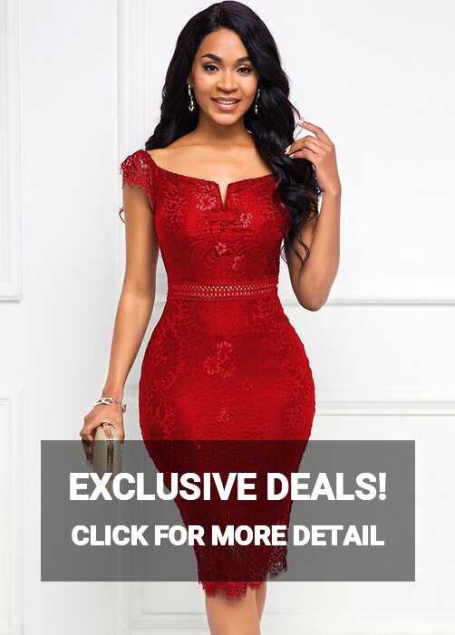 Red Lace Stitching Split Neck Dress | Split neck dress, Lace dress ...