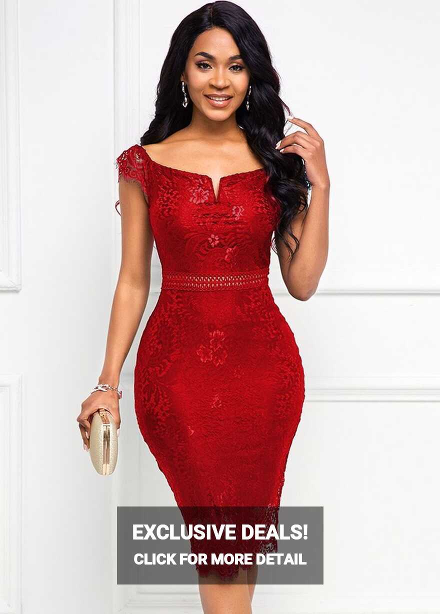 Red Lace Stitching Split Neck Dress