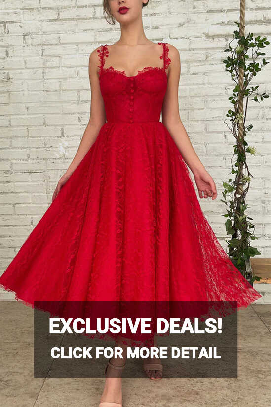 Red Lace Tea Length Prom Dress, Red Lace Homecoming Dress, Short ...