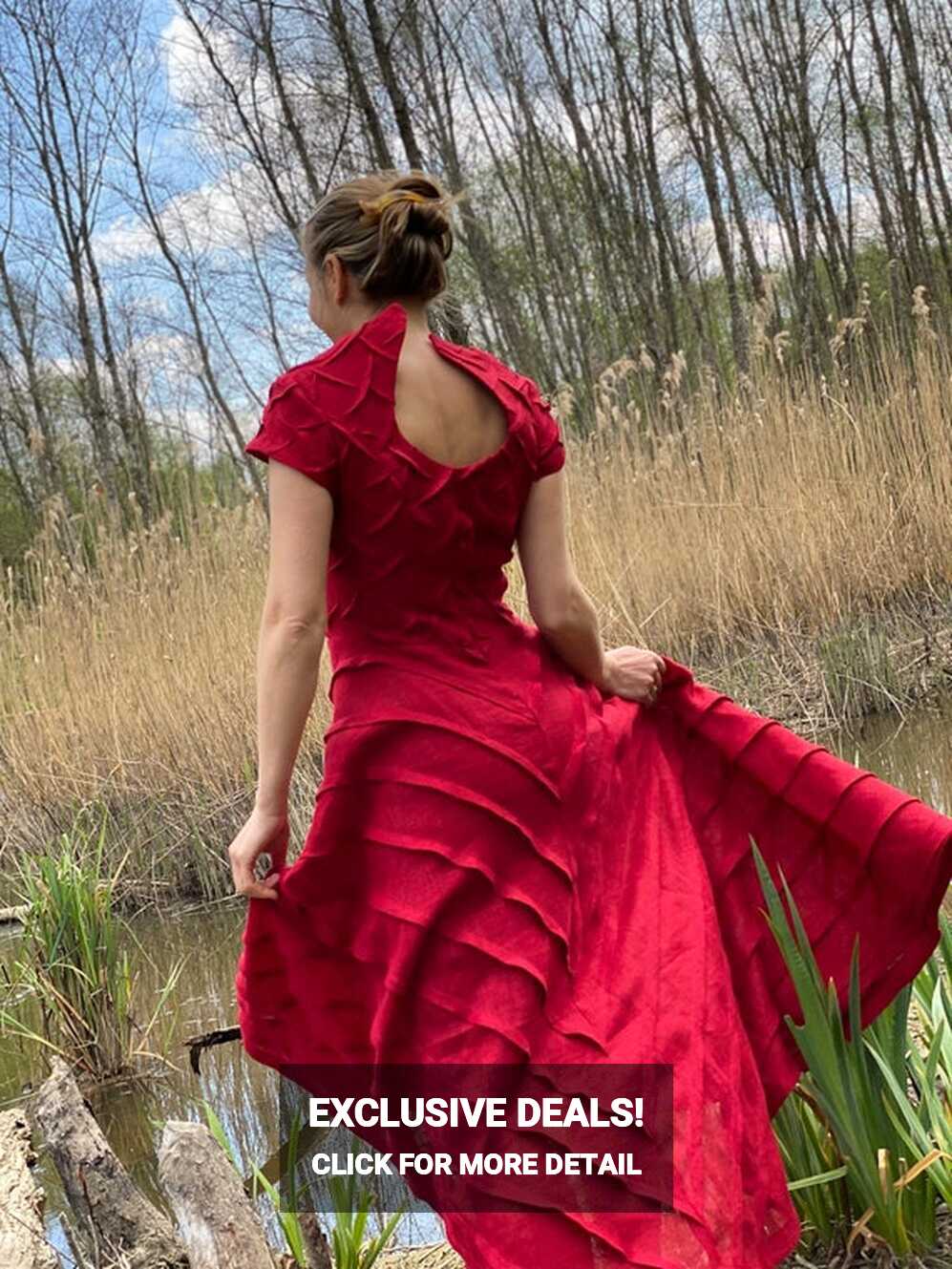 Red Linen Dress / All Red Dress With Sleeves / Cocktail Dress ...