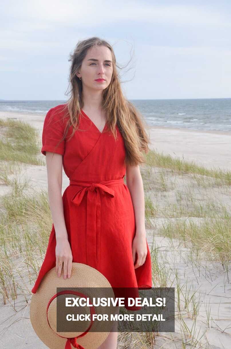 Red Linen Dress, Wrap Linen Dress, Red Wrap Dress, Linen Summer ...