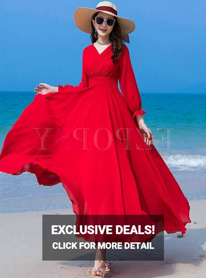 Red Long Sleeve Big Hem Chiffon Beach Maxi Dress