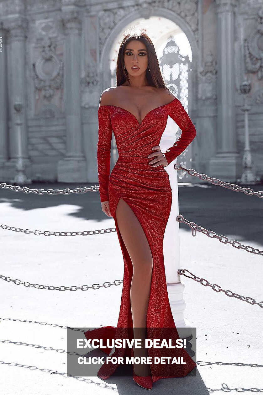 Red Long Sleeve Lace Prom Dress V-Neck With Slit – Ballbella