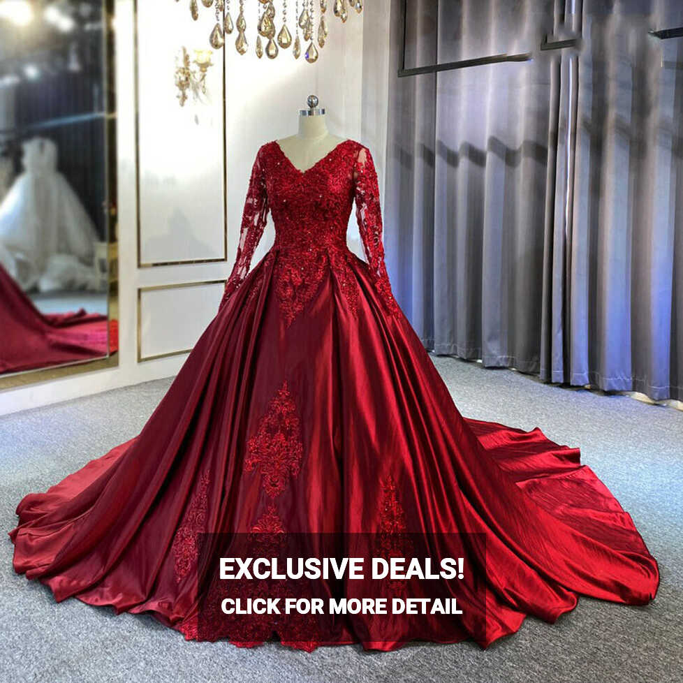 Red Long Sleeve Wedding Dresses with Train Beaded Satin V Neck ...