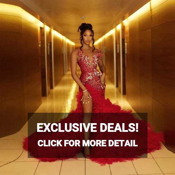 Red Luxury Long Puffy Prom Dresses Sleeveless High Split Tulle ...