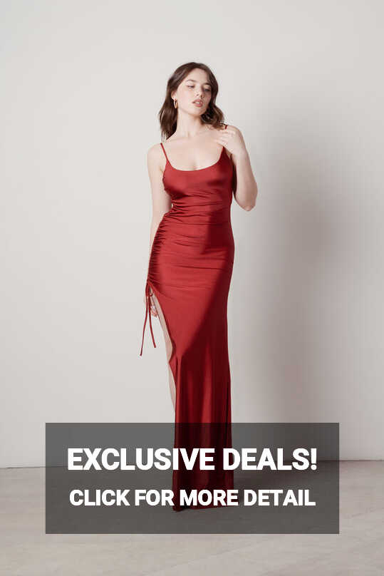 Red Maxi Dress - Bodycon Dress With Slit - Runched Dress