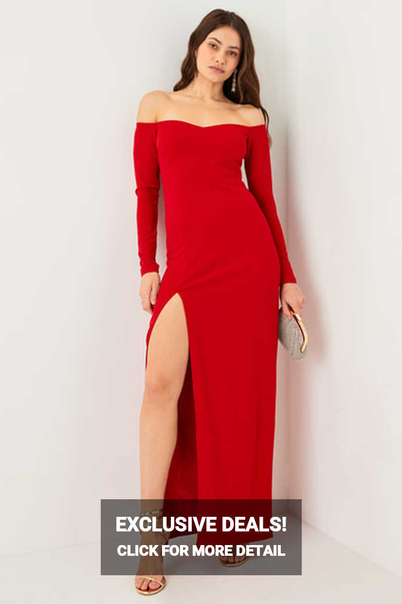 Red Maxi Dress - Off-the-Shoulder Maxi Dress - Long Sleeve Dress ...