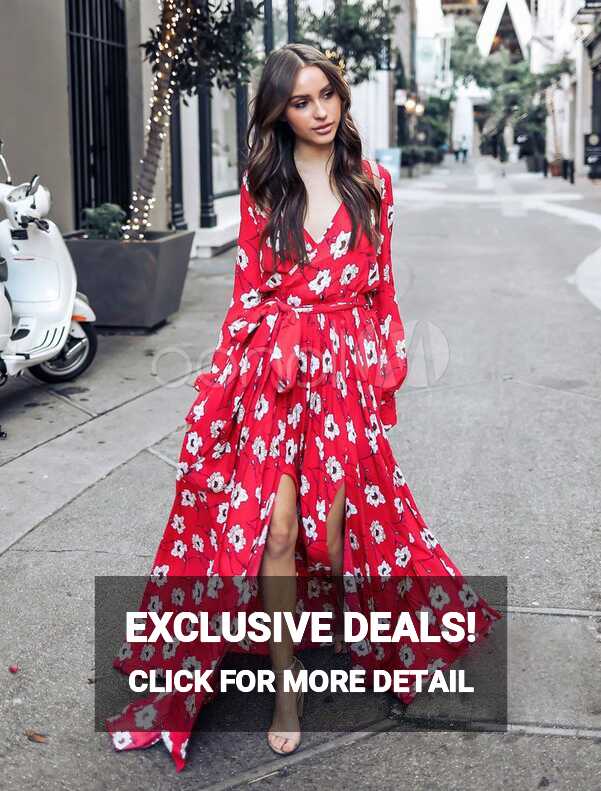 Red Maxi Dress Women Floral Tea Dress V Neck Long Sleeve Chiffon ...