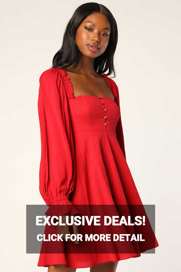 Red Mini Dress - Button-Up Dress - Long Sleeve Mini Dress - Lulus