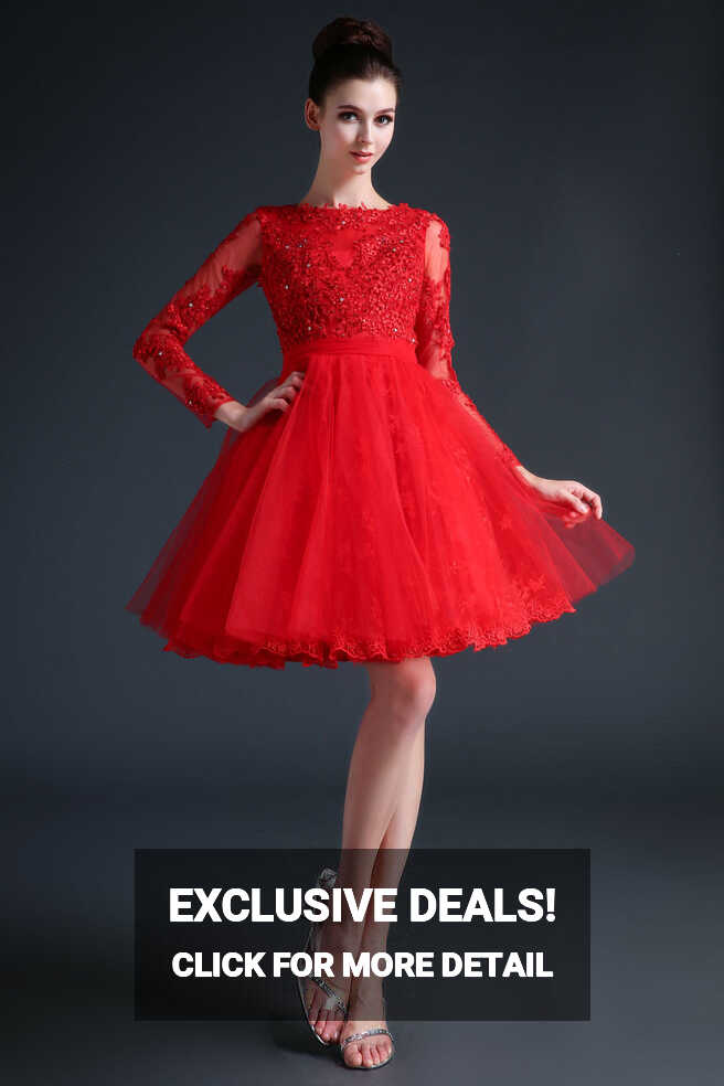 Red Modest Long Sleeves Short Cocktail Prom Dress CC3001