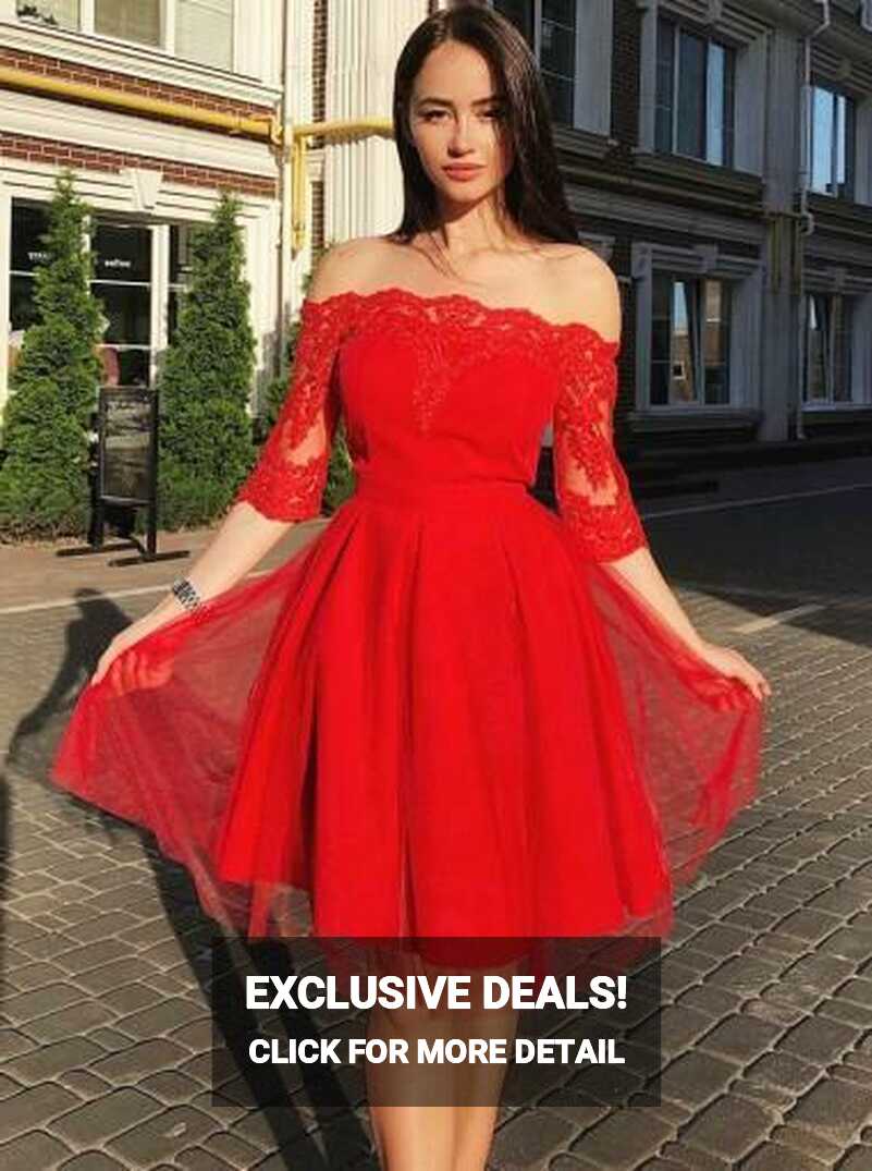 Red Off Shoulder Half Sleeves Homecoming Dresses,A Line Knee ...