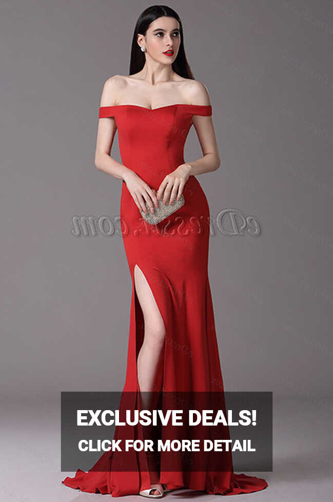 Red Off Shoulder High Slit Formal Evening Dress (00163502 ...